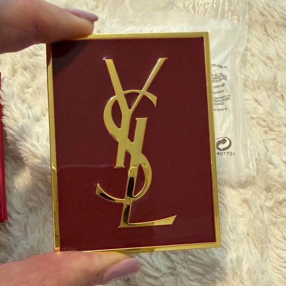 Yves Saint Laurent Dark Red Enamel & Gold Color Accents Mirror w/YSL Case New - Picture 2 of 7